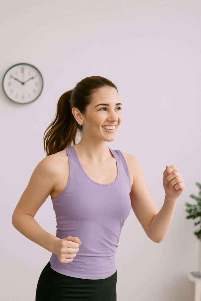 A imagem mostra uma jovem mulher em um ambiente interno, usando uma regata atlética roxa e leggings pretas. Ela está sorrindo enquanto corre, com seu cabelo castanho preso em um rabo de cavalo alto. A mulher parece estar em movimento, com uma expressão de foco e energia. Ao fundo, um relógio redondo e uma planta decorativa em um ambiente minimalista com tons suaves de lavanda completam a cena, criando uma atmosfera tranquila e agradável.