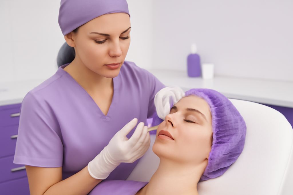 A imagem mostra uma profissional de estética, vestida com um uniforme roxo e um lenço roxo, aplicando um procedimento facial em uma cliente. A cliente, deitada na cadeira, usa um touca de proteção e está com os olhos fechados, relaxando enquanto o procedimento é realizado. A profissional parece concentrada e cuidadosa, aplicando um produto ou realizando uma técnica na área do rosto da cliente. O ambiente é moderno e limpo, com tons de roxo predominando, criando uma atmosfera tranquila e acolhedora para o tratamento.